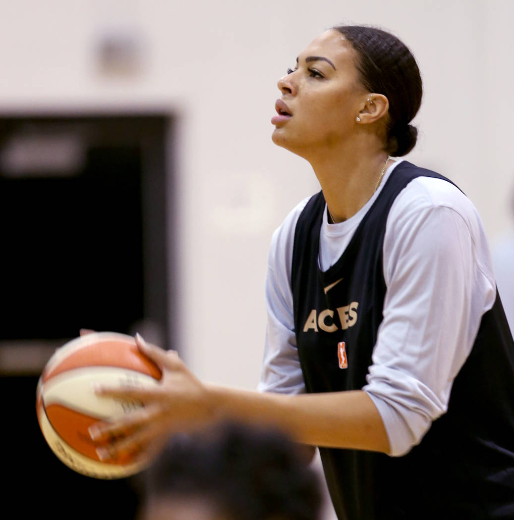 Aces center Liz Cambage during practice at the Cox Pavilion in Las Vegas Tuesday, May 21, 2019. ...