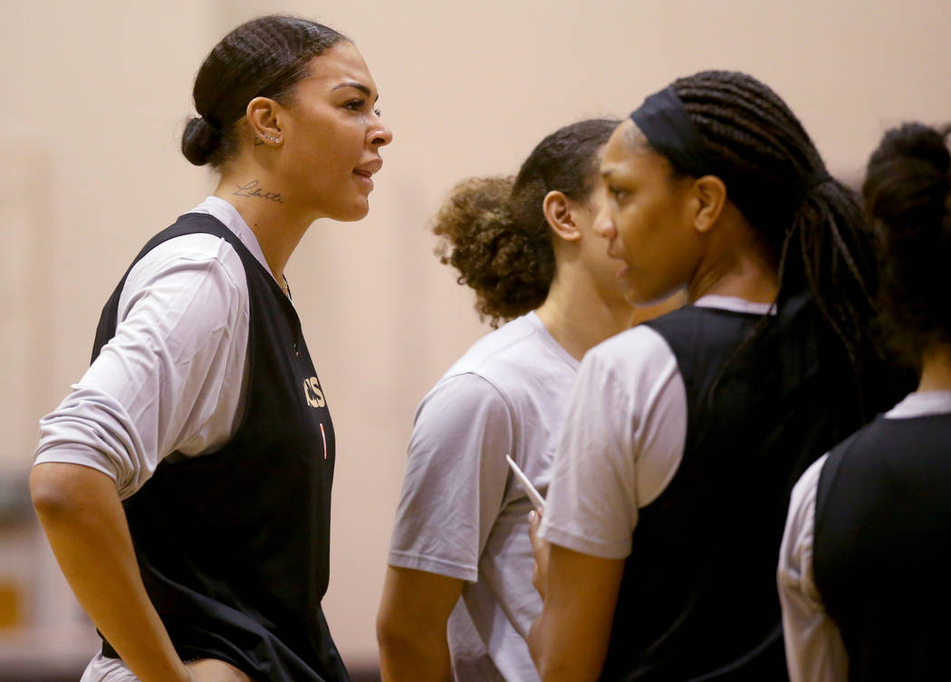 Aces center Liz Cambage during practice at the Cox Pavilion in Las Vegas Tuesday, May 21, 2019. ...