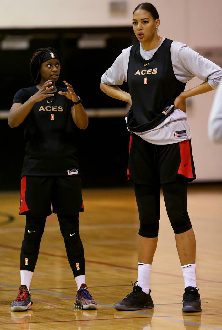 Aces center Liz Cambage, right, with guard Sugar Rodgers during practice at the Cox Pavilion i ...