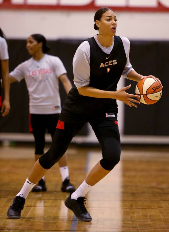 Aces center Liz Cambage during practice at the Cox Pavilion in Las Vegas Tuesday, May 21, 2019. ...