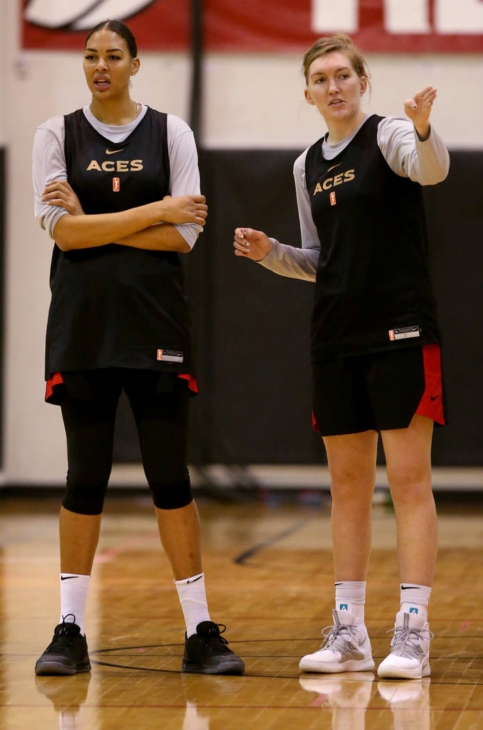Aces center Liz Cambage, left, forward Carolyn Swords during practice at the Cox Pavilion in La ...