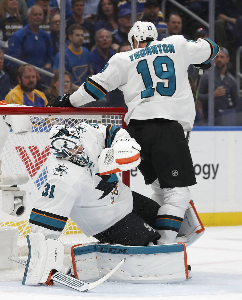 San Jose Sharks center Joe Thornton (19) collides with goaltender Martin Jones (31) during the ...