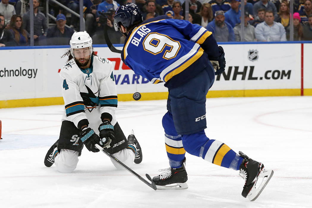 St. Louis Blues left wing Sammy Blais (9) shoots against San Jose Sharks defenseman Brenden Dil ...