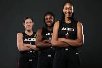 Las Vegas Aces' Kelsey Plum, from left, Jackie Young, and A'ja Wilson, at the Mandalay Bay Even ...
