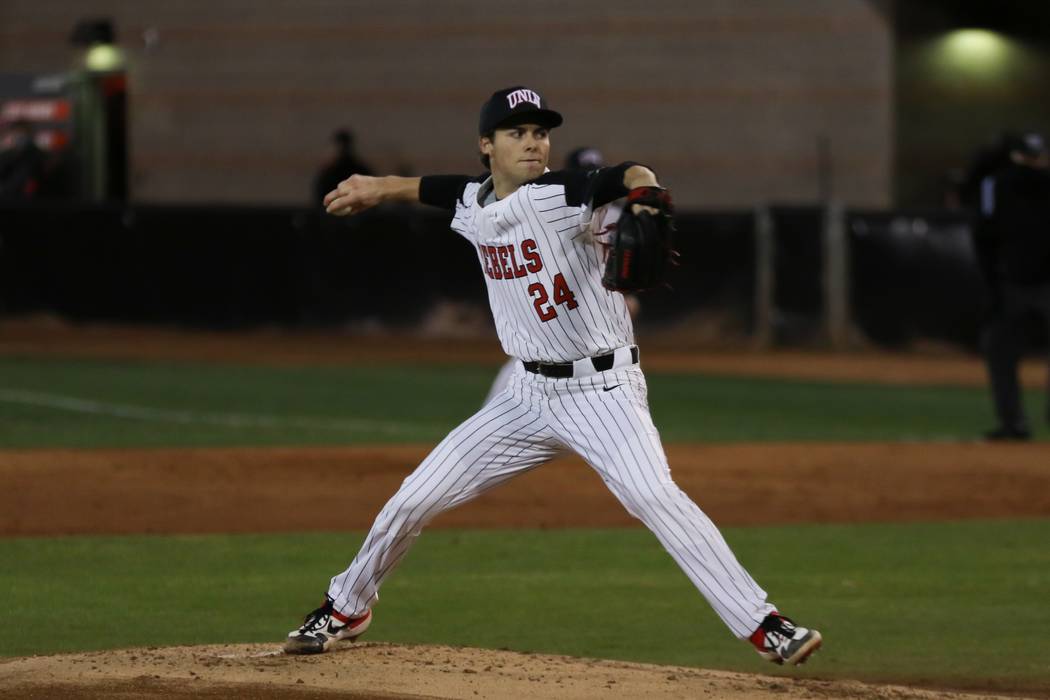 UNLV's Cameron Jabara delivers a pitch in a 4-0 loss to Seattle on Feb. 15 at Wilson Stadium. P ...