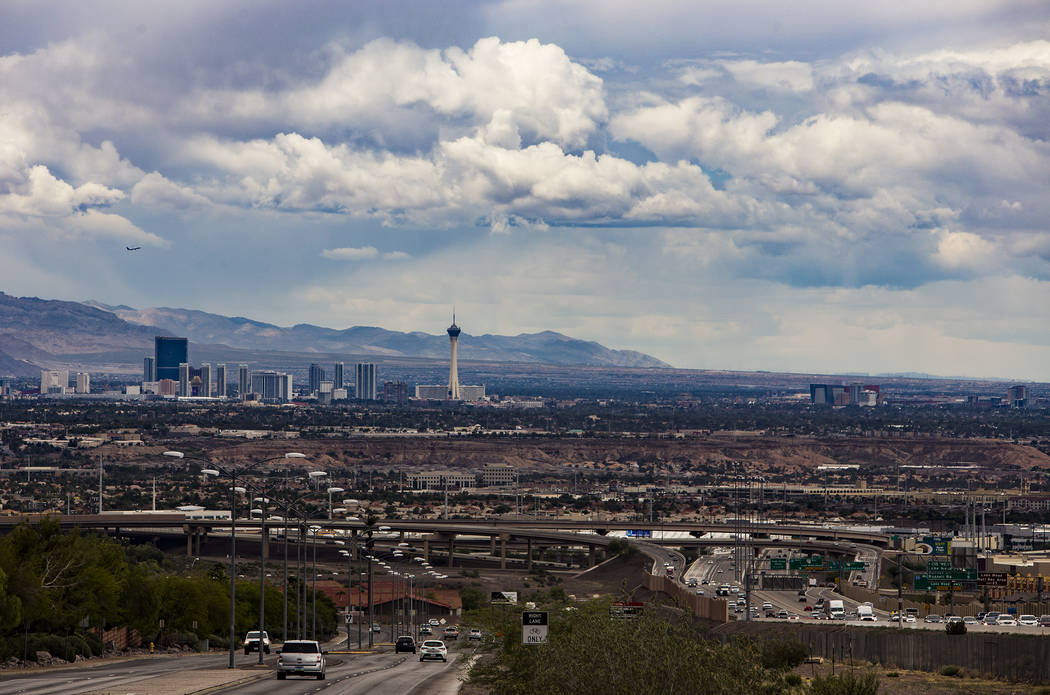 A view from Henderson of the north end of the Strip and downtown with cloud cover, Wednesday, M ...