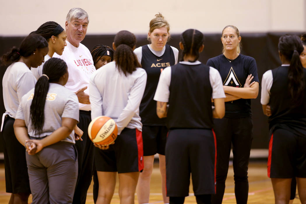 Aces coach Bill Laimbeer talks to his players during practice at Cox Pavilion in Las Vegas Wedn ...