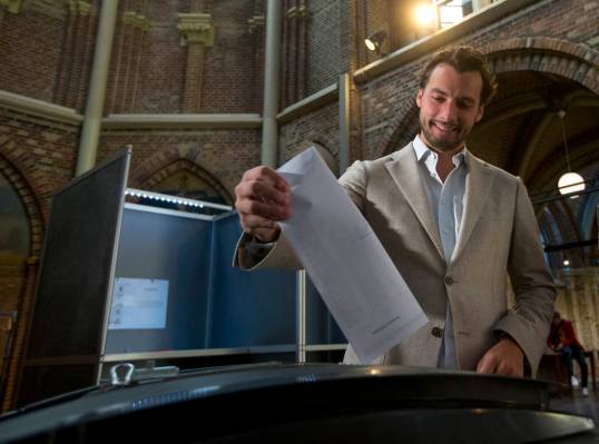 Thierry Baudet, leader of the populist party Forum for Democracy, casts his ballot for the Euro ...