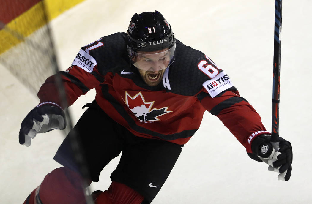 Canada's Mark Stone celebrates after scoring his side's third goal during the Ice Hockey World ...