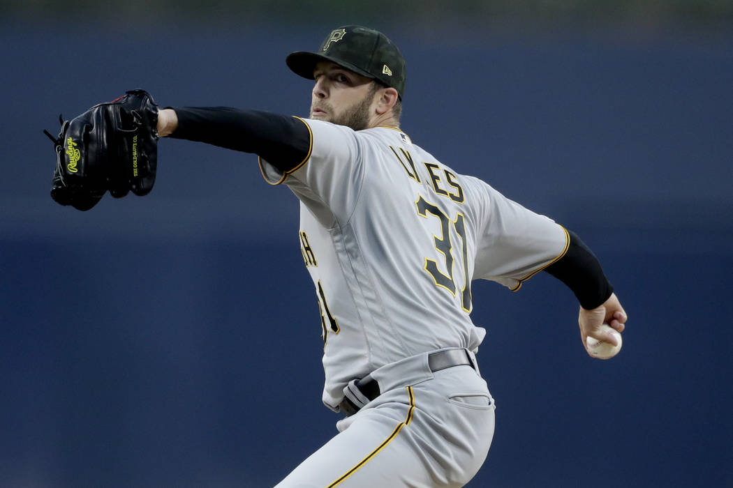 Pittsburgh Pirates starting pitcher Jordan Lyles works against a San Diego Padres batter during ...
