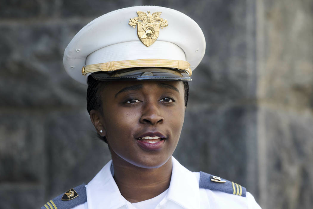 In this May 22, 2019 photo, senior cadet Stephanie Riley, of Jacksonville, Florida talks during ...