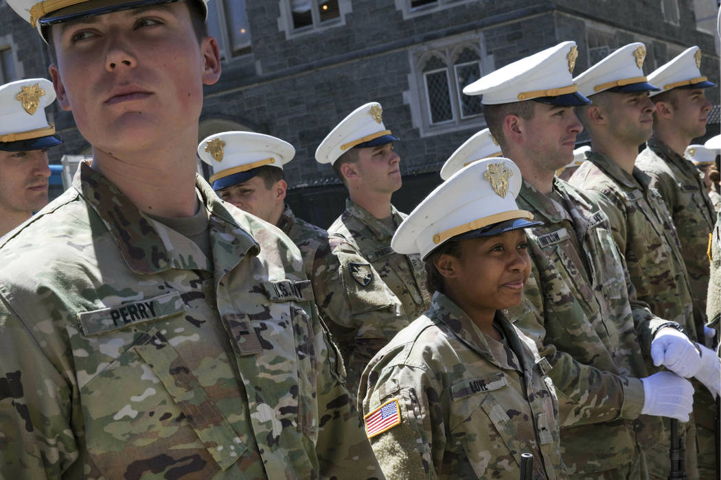 In this May 22, 2019 photo Briana Love, center, and fellow underclassmen prepare to drill at th ...