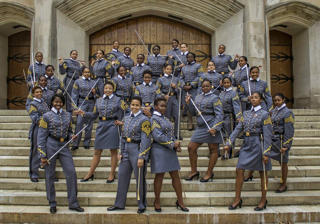 In this May 7, 2019 photo, black female cadets with the Class of 2019 pose at the U.S. Military ...