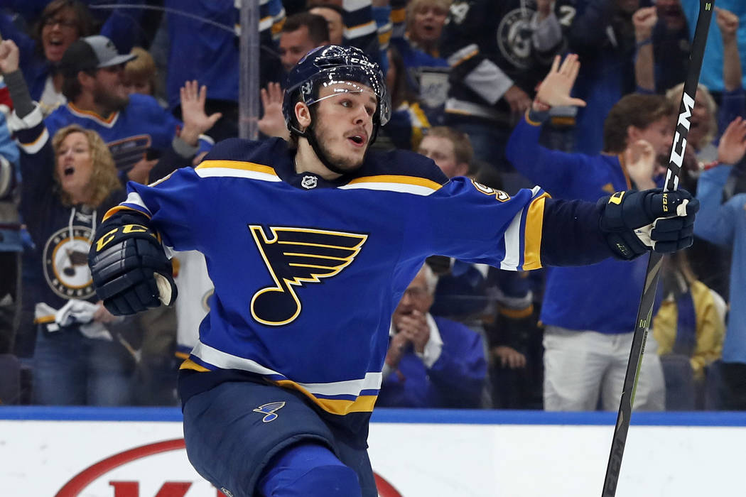 St. Louis Blues left wing Sammy Blais celebrates after the Blues scored against the San Jose Sh ...