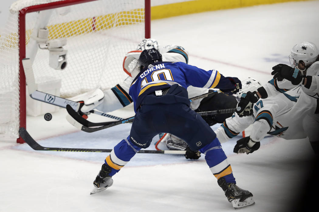 St. Louis Blues center Brayden Schenn (10) scores against the San Jose Sharks during the second ...