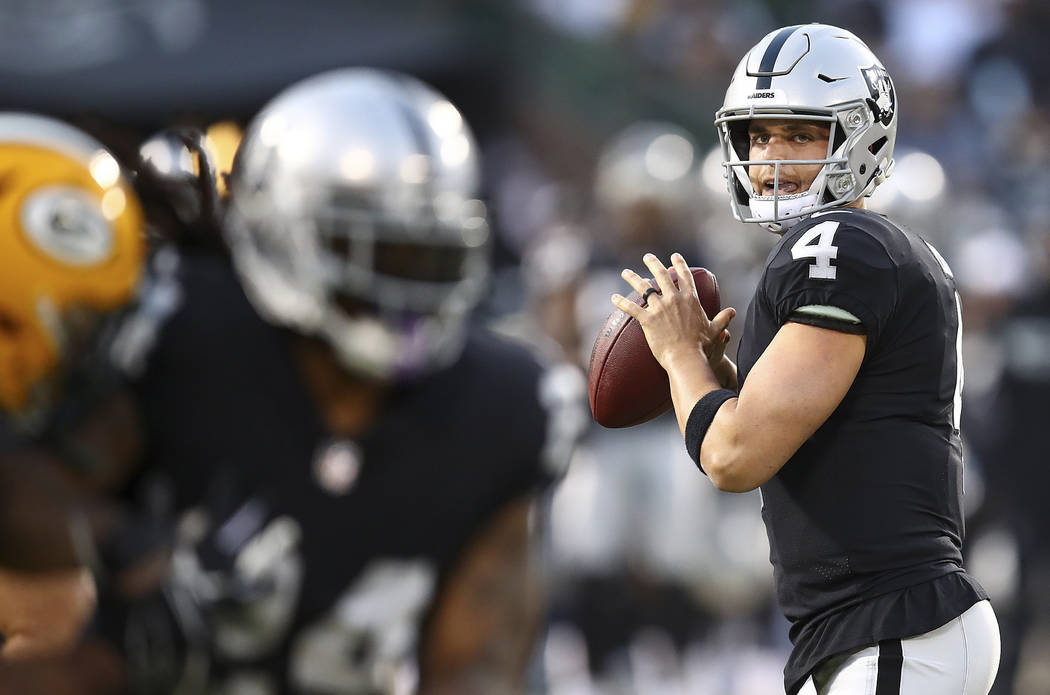 Oakland Raiders quarterback Derek Carr (4) looks for a receiver during the first half of the te ...