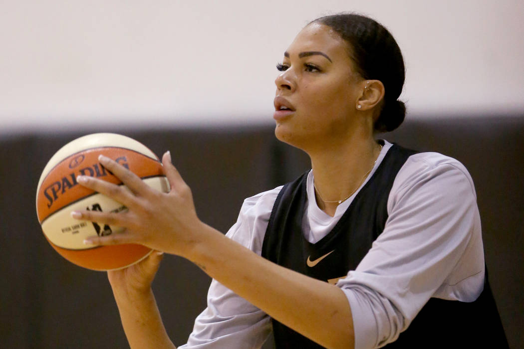 Aces center Liz Cambage during practice at the Cox Pavilion in Las Vegas Tuesday, May 21, 2019. ...