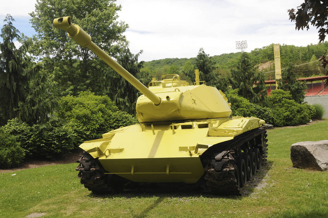 This May 20, 2019 photo shows a M-41 Bulldog World War II period tank that sits at the entrance ...