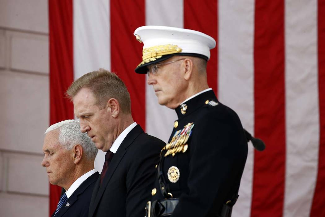 Vice President Mike Pence, from left, Acting Defense Secretary Patrick Shanahan and Joint Chief ...