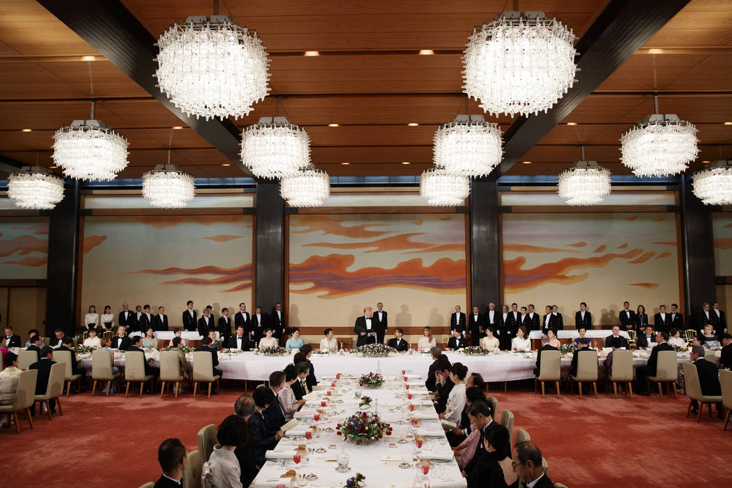 U.S. President Donald Trump speaks during a State Banquet hosted by Japanese Emperor Naruhito a ...