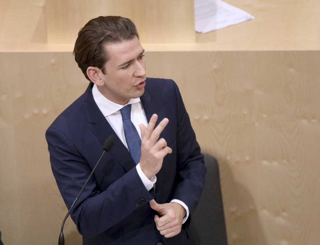 Austrian Chancellor Sebastian Kurz delivers his speech at parliament session in Vienna, Austria ...