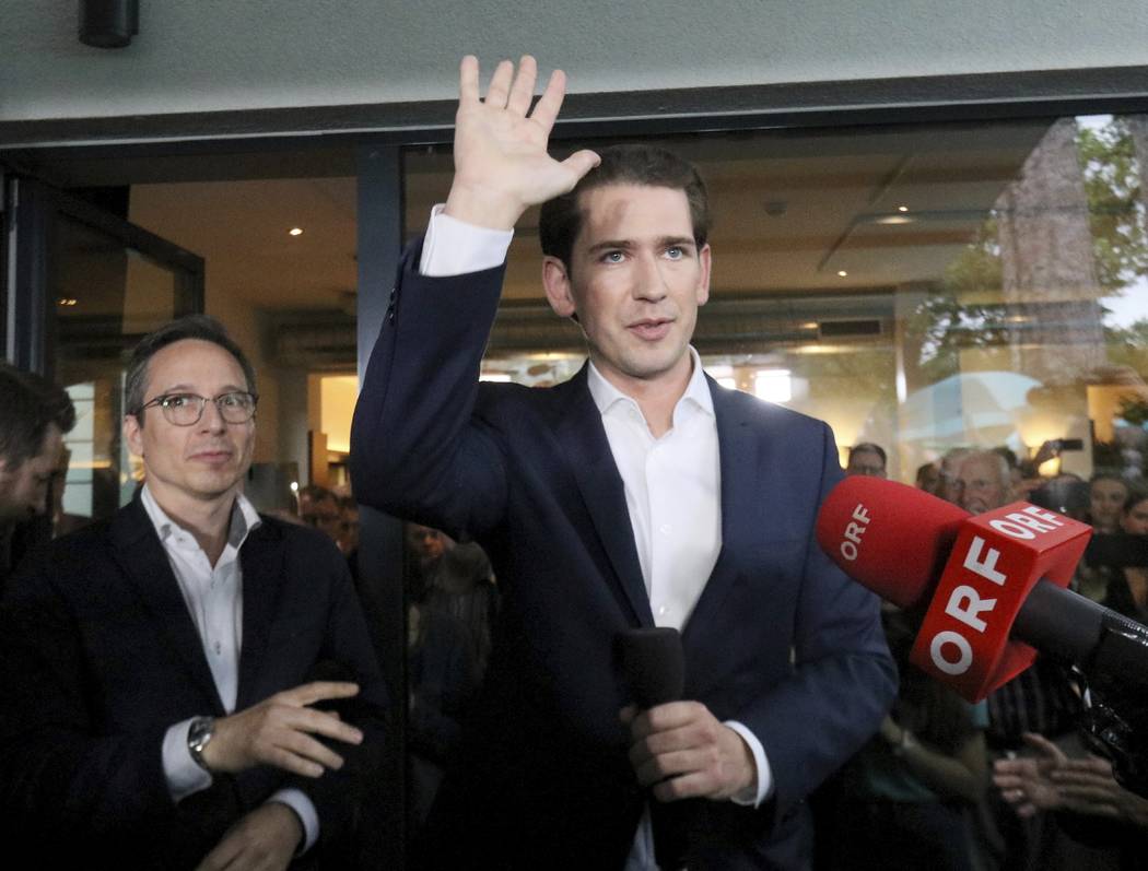 Austrian Chancellor Sebastian Kurz waves to his supporters at the political headquarters of Aus ...