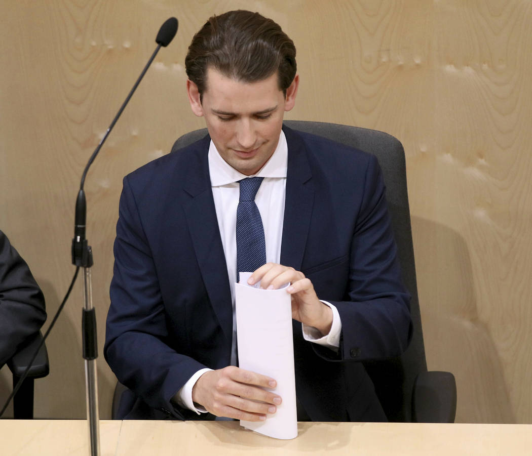 Austrian Chancellor Sebastian Kurz attends at parliament session in Vienna, Austria, Monday, Ma ...