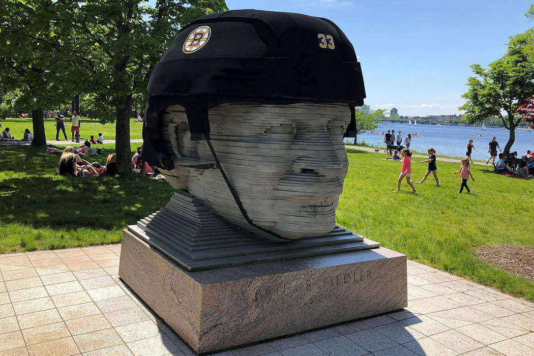 In this May 27, 2019, photo provided by Michael Nichols, a giant Boston Bruins helmet rests ato ...