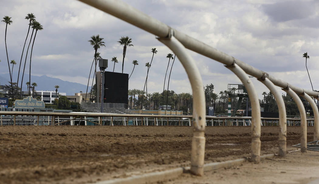 FILE - In this March 7, 2019, file photo, The home stretch race track is empty at Santa Anita P ...