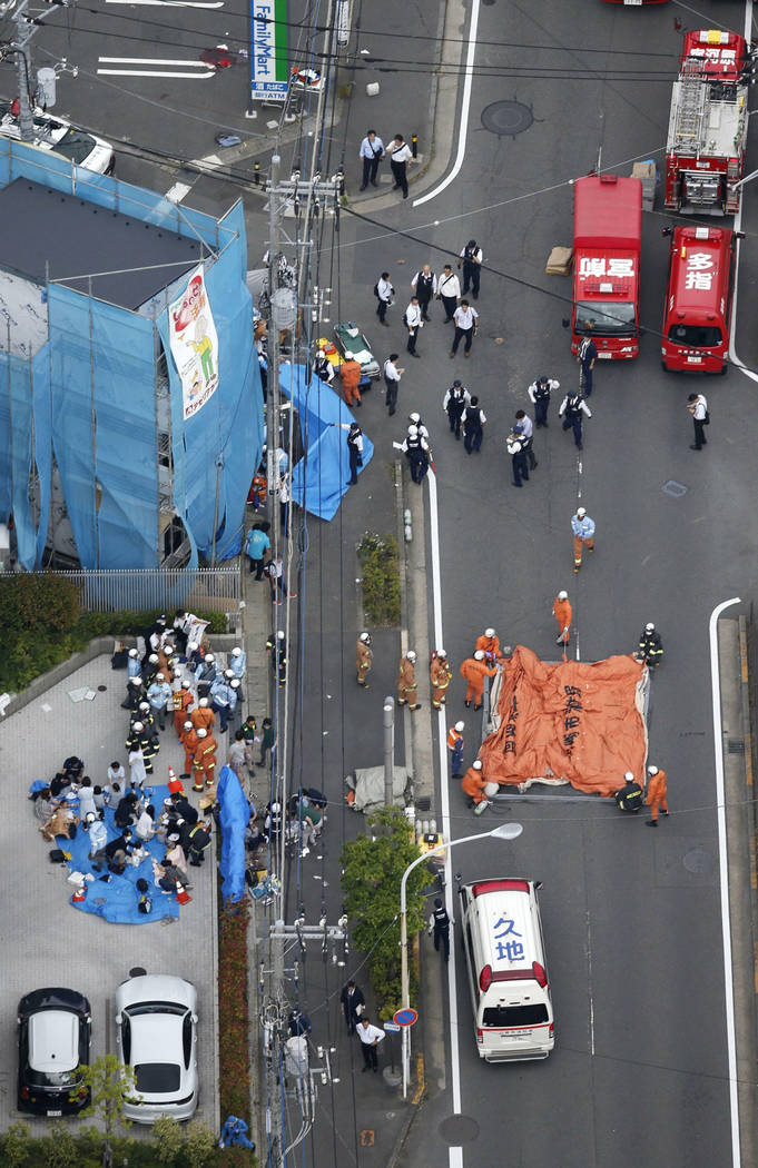 This aerial photo shows the scene of an attack in Kawasaki, near Tokyo Tuesday, May 28, 2019. A ...