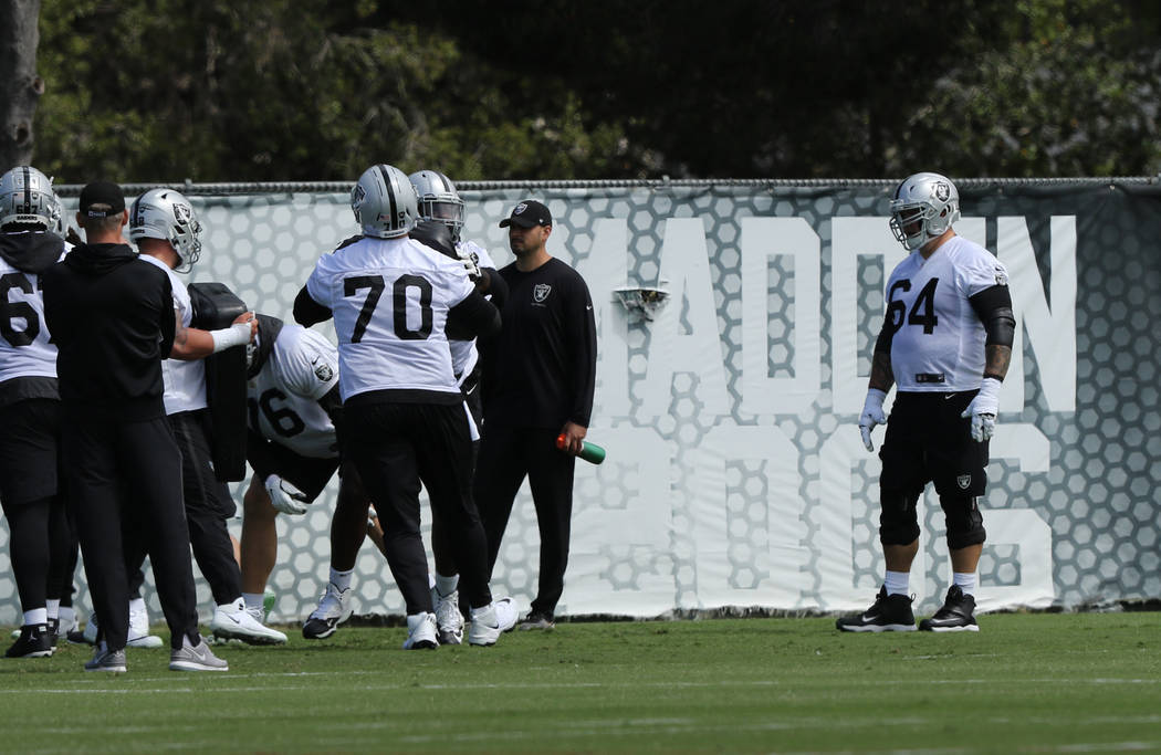 Oakland Raiders offensive guard Richie Incognito (64) watches his teammates drill during an off ...