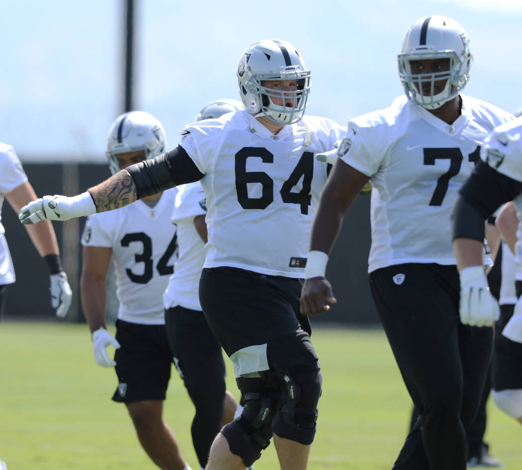 Oakland Raiders offensive guard Richie Incognito (64) and offensive tackle Justin Murray (71) w ...