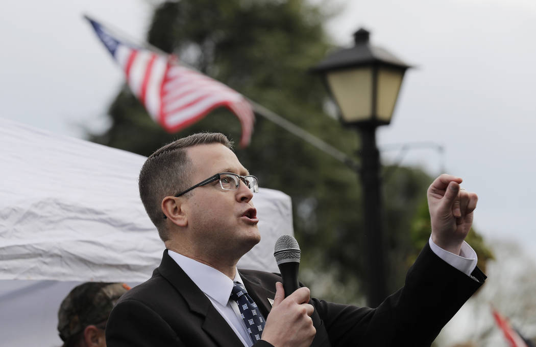 In a Jan. 18, 2019, file photo, Rep. Matt Shea, R-Spokane Valley, speaks at a gun-rights rally ...