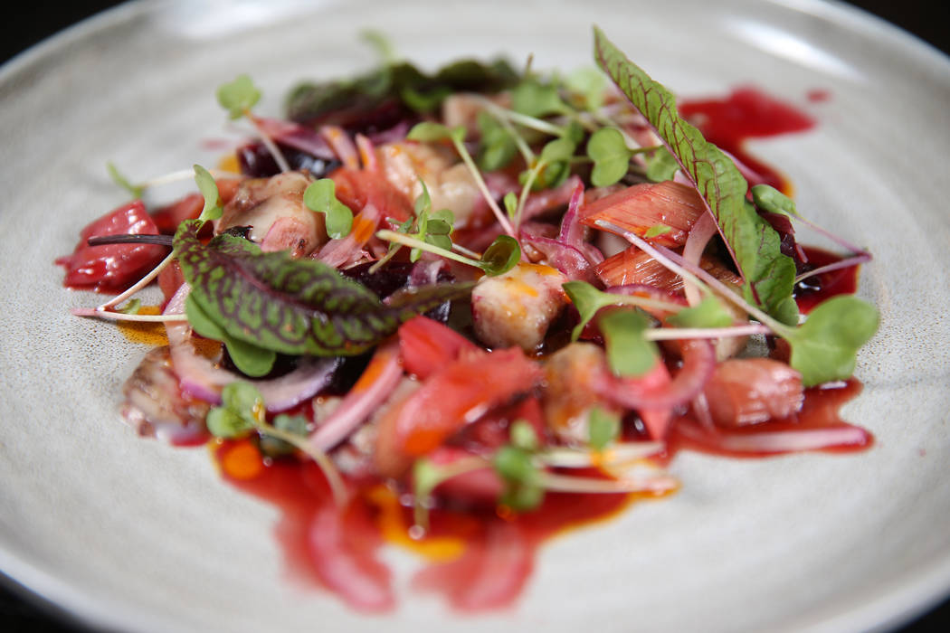 The bone marrow is served with roasted beet, and rhubarb, red onion, and pomegranate vinaigrett ...