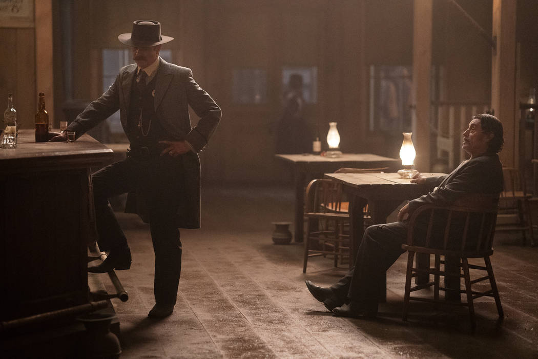Timothy Olyphant, left, and Ian McShane in "Deadwood: The Movie." (Warrick Page/HBO)
