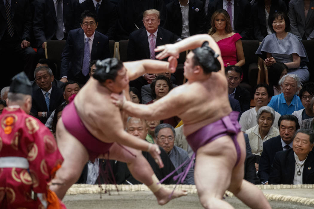 President Donald Trump attends the Tokyo Grand Sumo Tournament with Japanese Prime Minister Shi ...