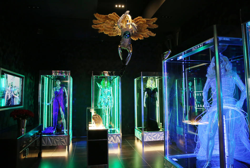 Custom dresses and accessories worn by Lady Gaga are displayed at Haus of Gaga store during a m ...