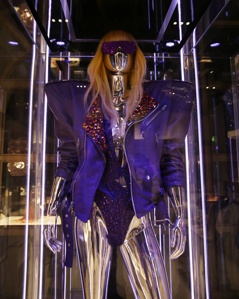 Custom purple leather Moto Jacket worn by Lady Gaga is displayed at Haus of Gaga store during a ...