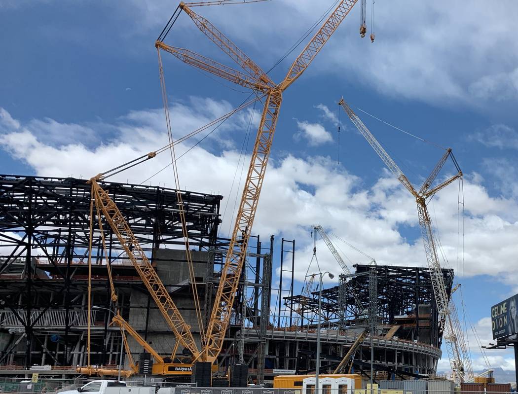 Steel canopy truss number 12 of 26 being installed on the Las Vegas stadium on May 27, 2019. (M ...