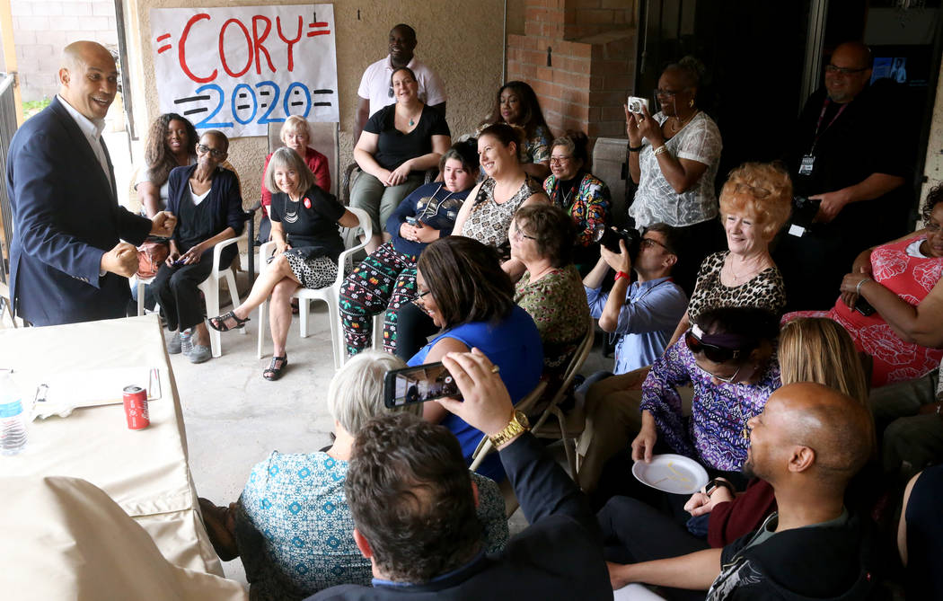 Presidential hopeful Sen. Cory Booker, D-N.J., speaks at a Miracle Workers House Party in Las V ...