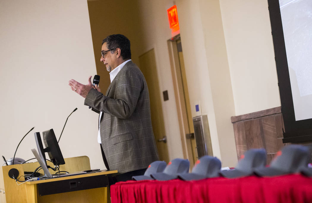 Rene Cantu, executive director of Jobs for Nevada's Graduates, speaks during a signing ceremony ...