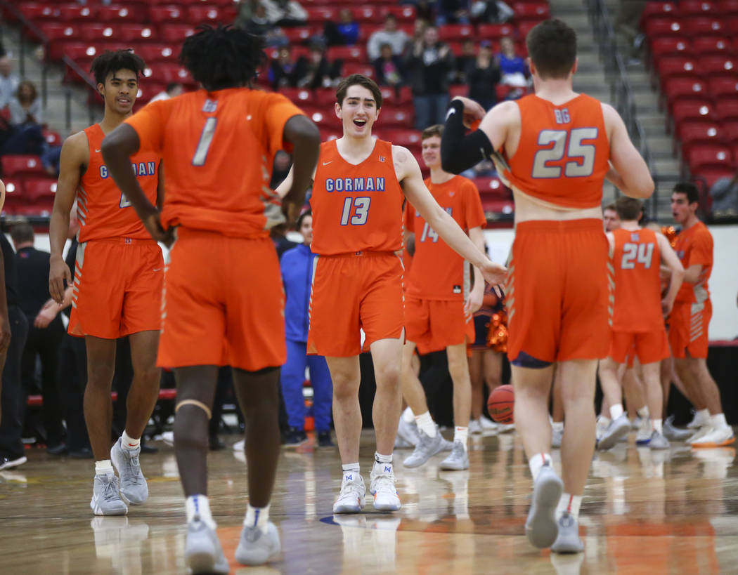 Bishop Gorman's Braden Lamar (13) celebrates his team's win against Findlay Prep in the annual ...