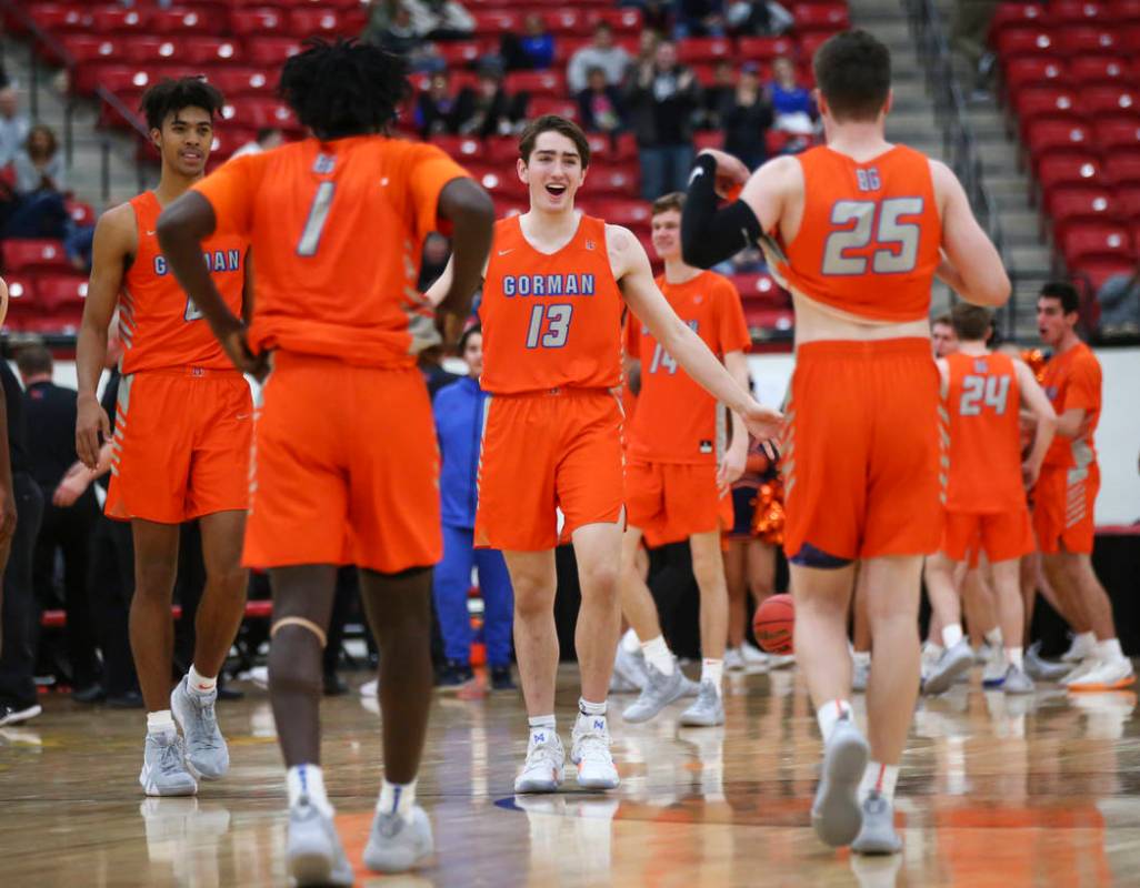 Bishop Gorman's Braden Lamar (13) celebrates his team's win against Findlay Prep in the annual ...