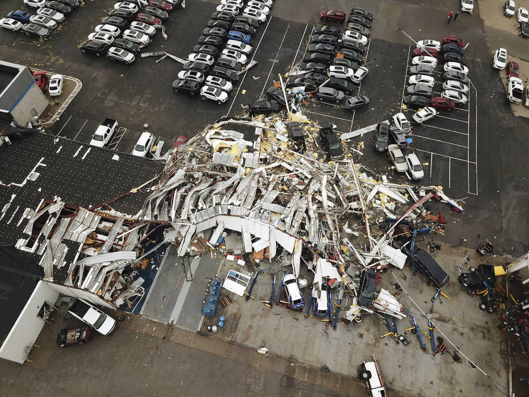 This aerial image shows severe storm damage in Jefferson City, Mo., Thursday, May 23, 2019, aft ...