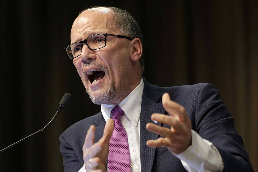 Tom Perez, chairman of the Democratic National Committee, speaks April 3, 2019, during the Nati ...