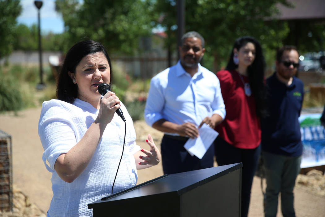 Maria Teresa Liebermann, deputy director for Battle Born Progress, speaks during a press confer ...