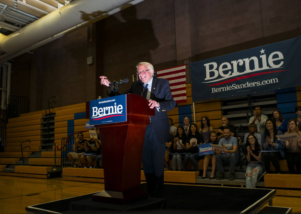 Democratic presidential candidate Sen. Bernie Sanders, I-Vt., speaks during a town hall event a ...