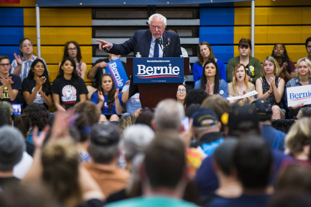 Democratic presidential candidate Sen. Bernie Sanders, I-Vt., speaks during a town hall event a ...