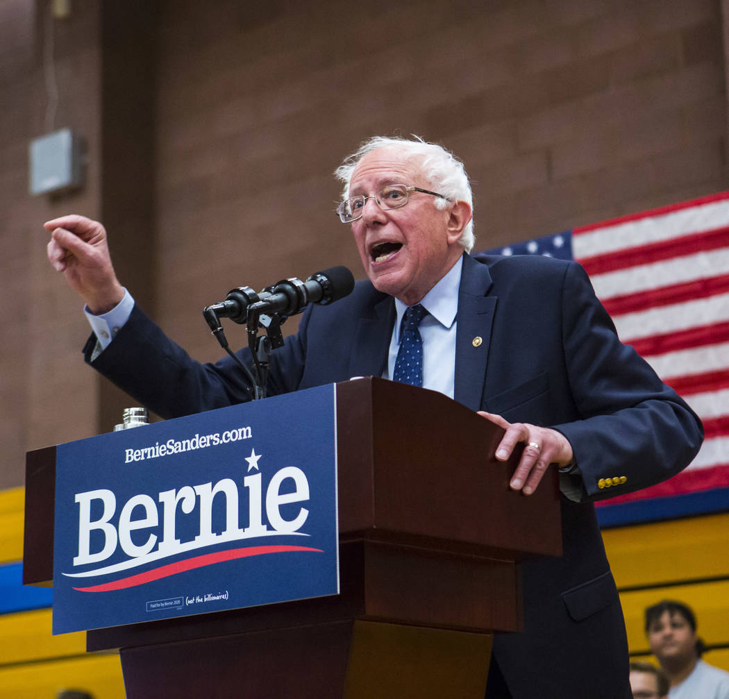 Democratic presidential candidate Sen. Bernie Sanders, I-Vt., speaks during a town hall event a ...