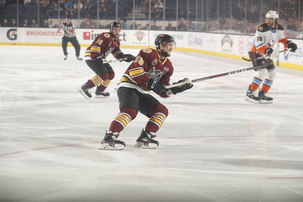 Chicago Wolves right wing Tobias Lindberg skates during the first period Monday, May 27, 2019, ...
